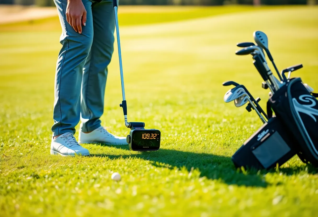 Golfer utilizing AI technology for shot tracking on the golf course.