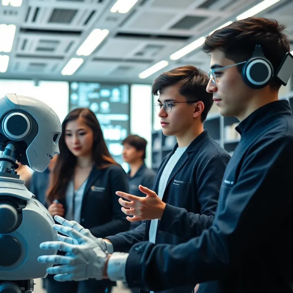 Students and researchers working with AI technology at a university setting