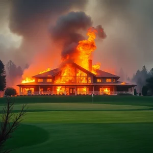 View of a damaged golf course clubhouse surrounded by smoke and debris from wildfires.