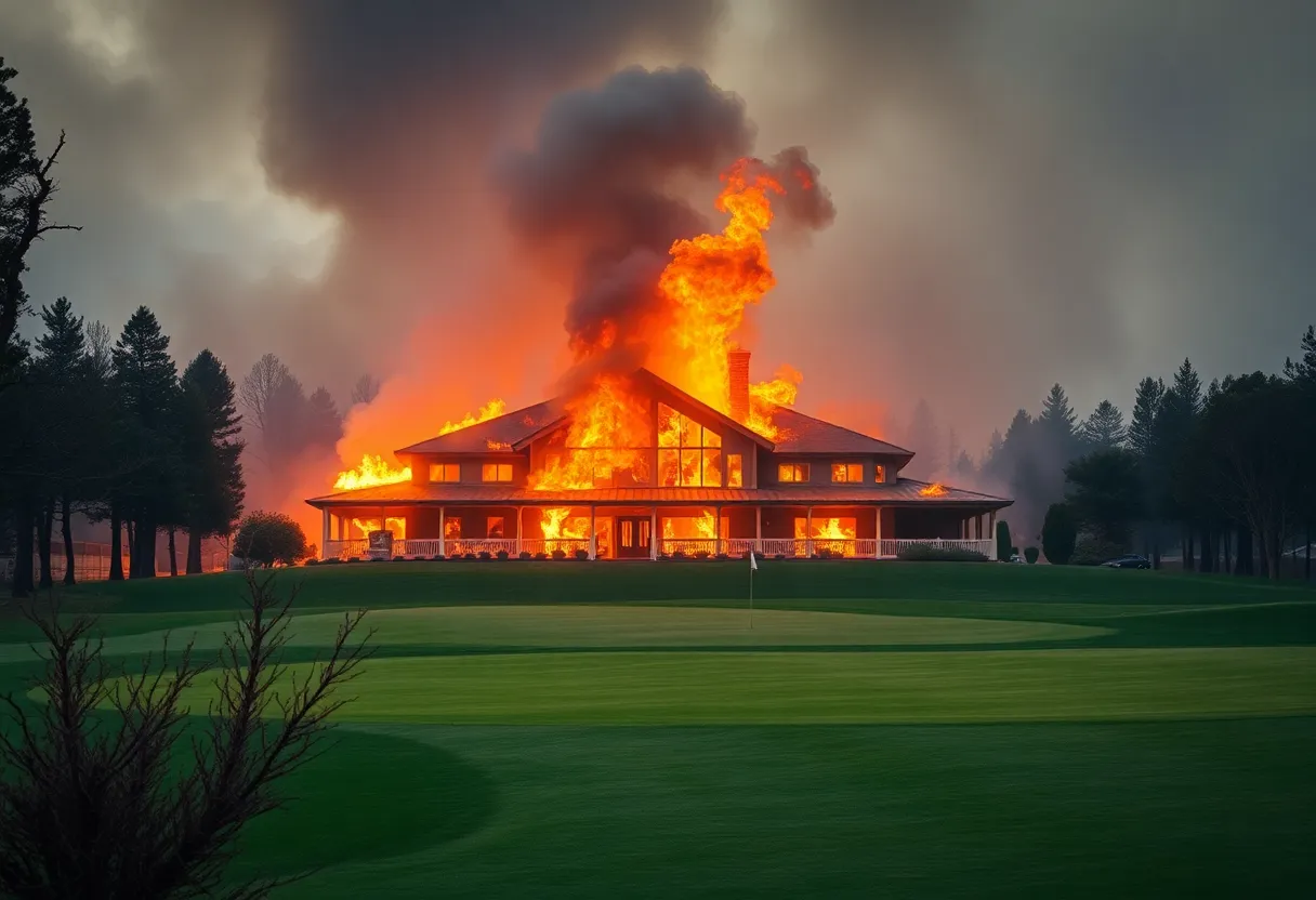 View of a damaged golf course clubhouse surrounded by smoke and debris from wildfires.