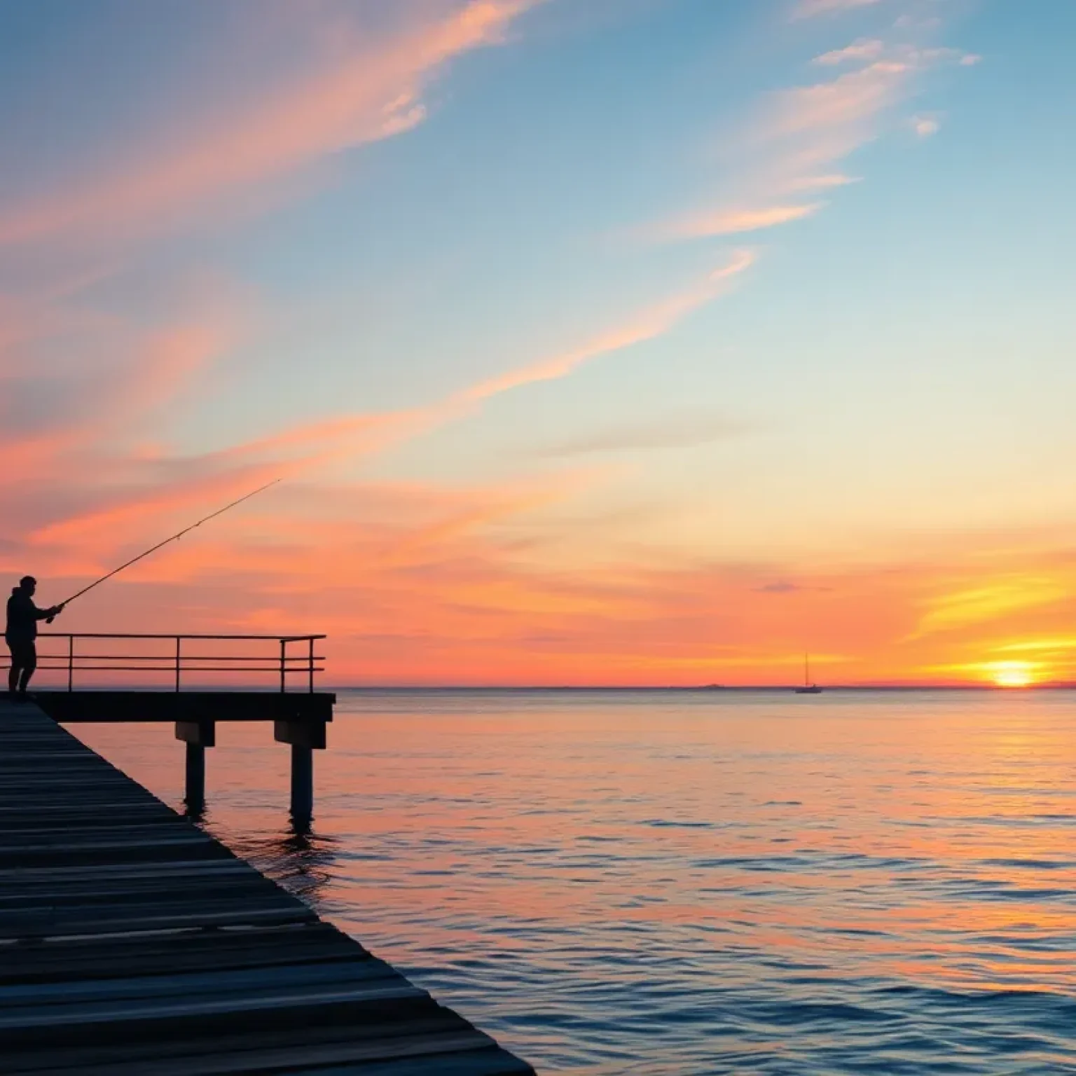 A serene fishing pier at sunrise with an angler casting a fishing line.