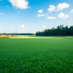 Close up of a beautiful golf course showcasing its lush green fairways