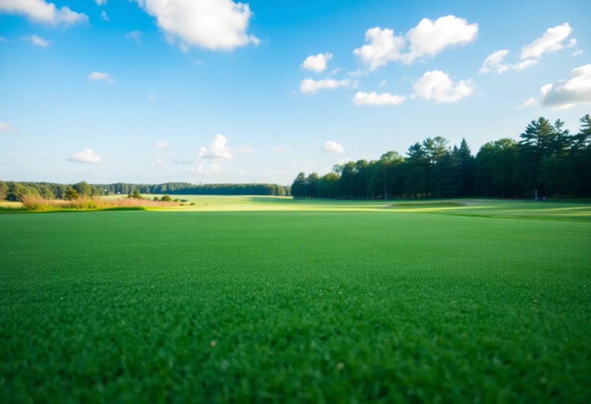 Close up of a beautiful golf course showcasing its lush green fairways