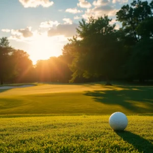 Close up of a beautiful golf course with lush greens and a tranquil pond.