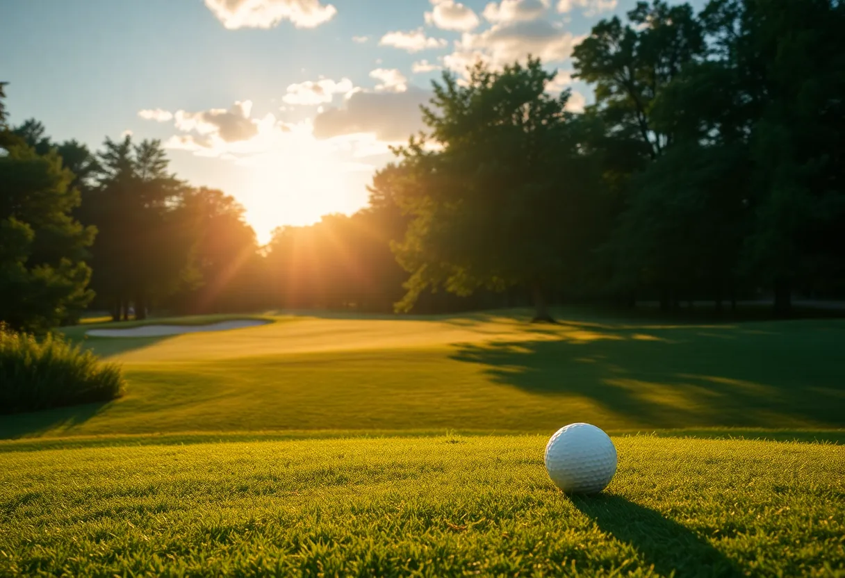 Close up of a beautiful golf course with lush greens and a tranquil pond.