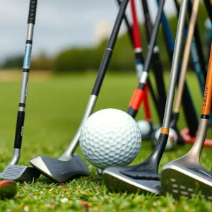 Selection of essential golf clubs for beginners, including a driver, putter, and iron set.