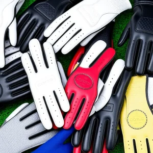 Various styles of best golf gloves on a golf course