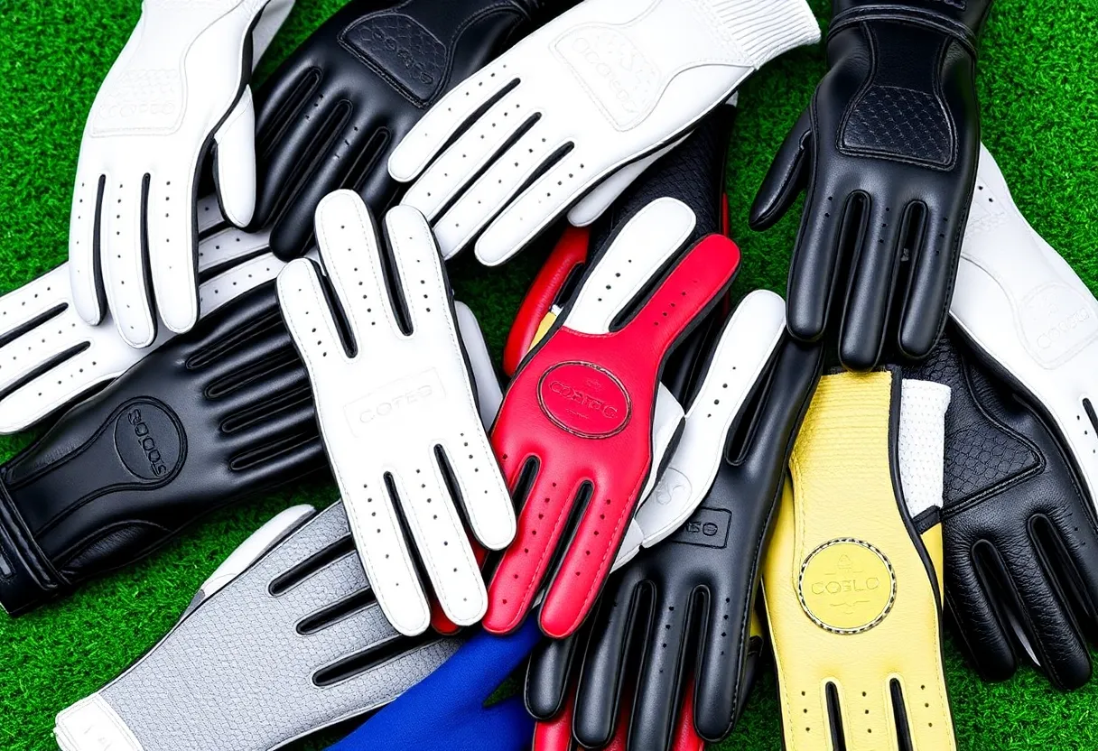 Various styles of best golf gloves on a golf course