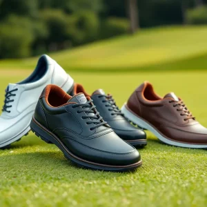 A variety of golf shoes featured on a golf course.