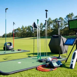 Various golf training aids on a putting green