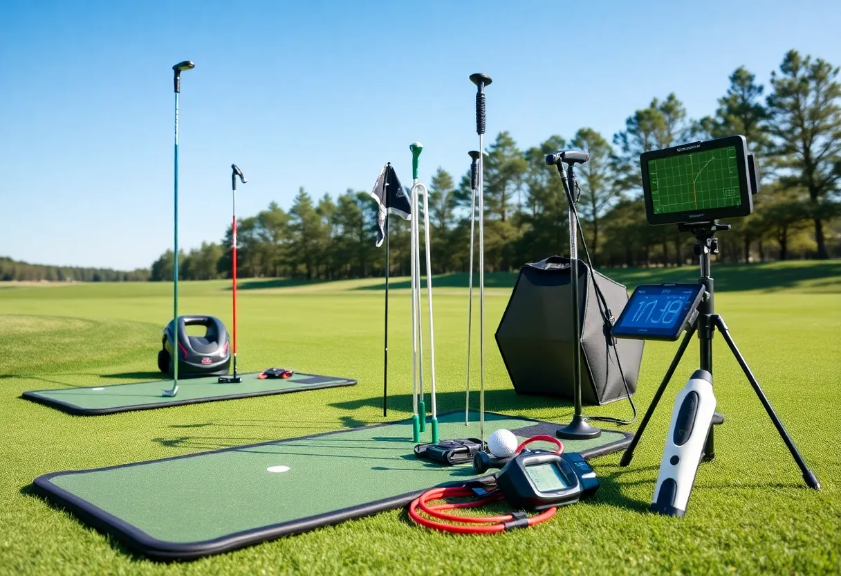 Various golf training aids on a putting green