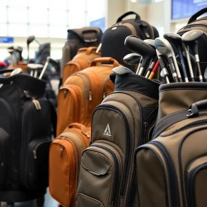 Display of various golf travel bags suited for travel