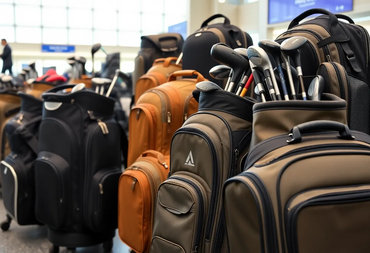 Display of various golf travel bags suited for travel