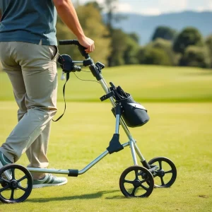 Various golf trolleys including electric and push models displayed on a golf course.