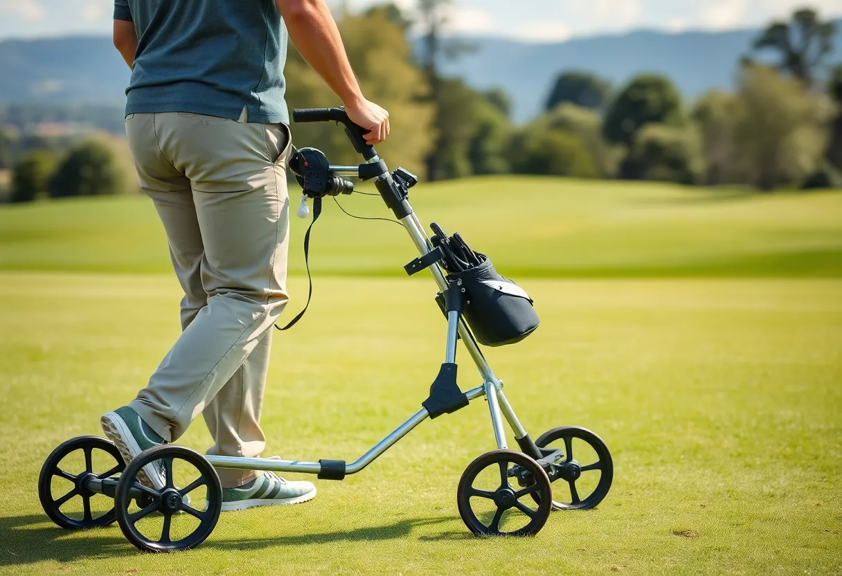 Various golf trolleys including electric and push models displayed on a golf course.