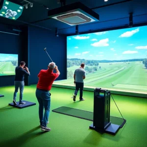 Indoor golf simulator with players enjoying a round