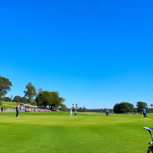 Golf player swinging on the course under a clear blue sky