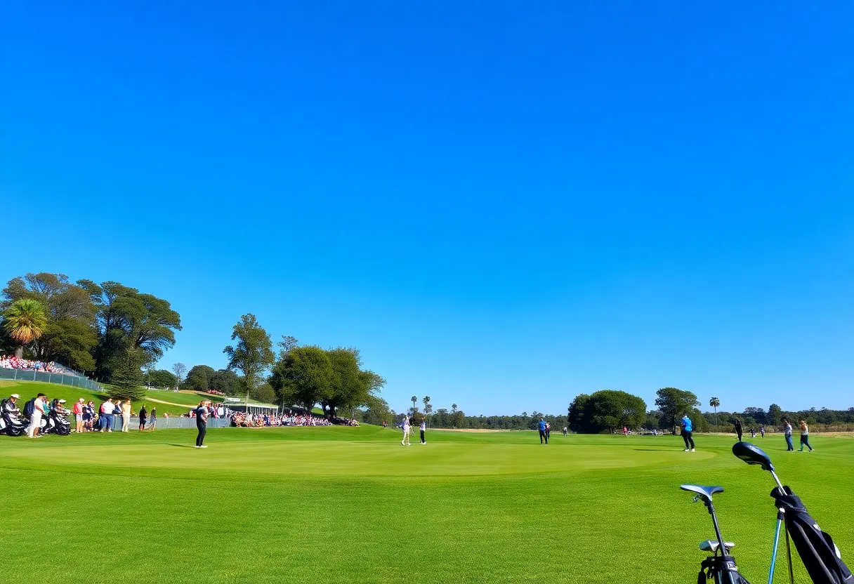 Golf player swinging on the course under a clear blue sky