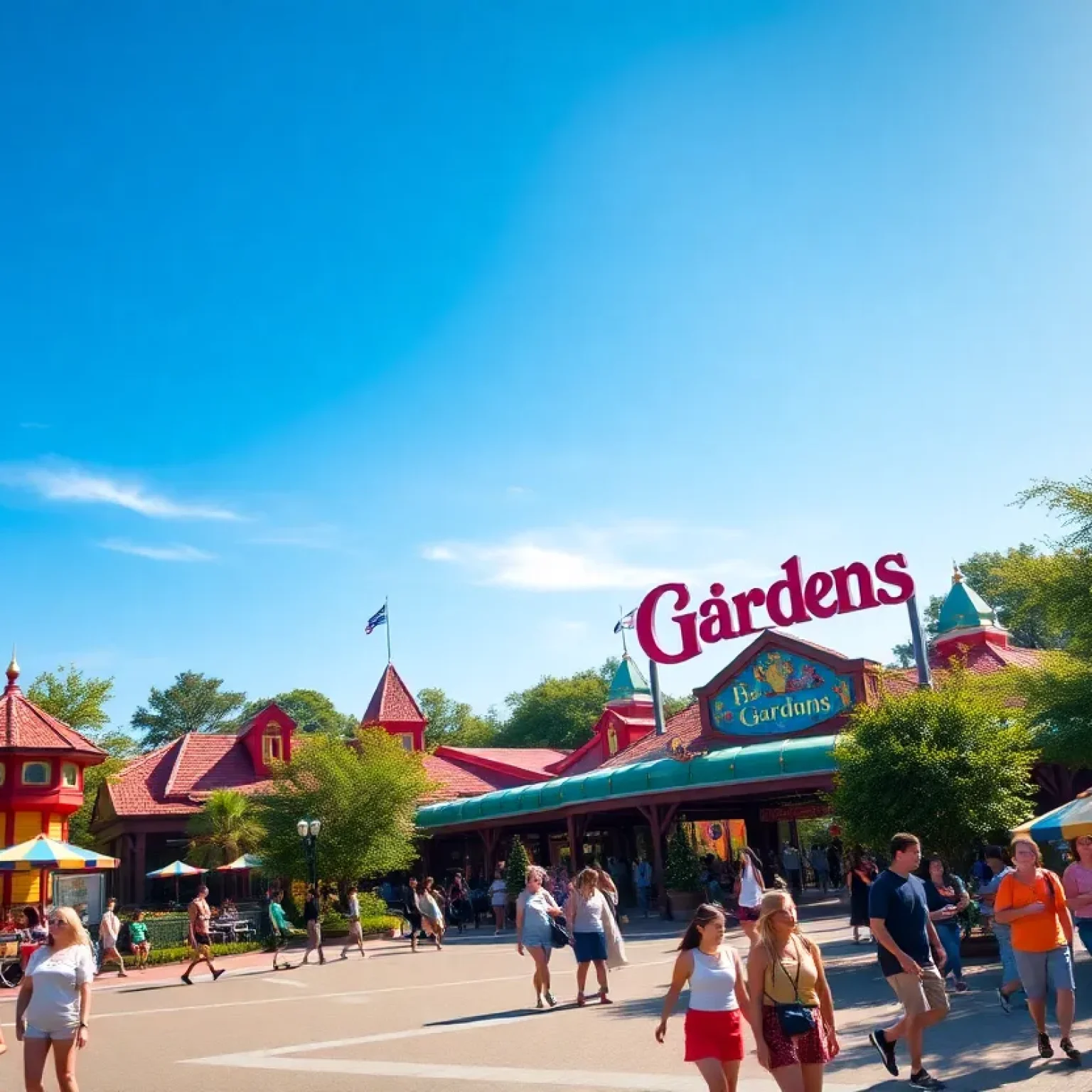 A scenic view of attractions at Busch Gardens Tampa Bay with visitors.