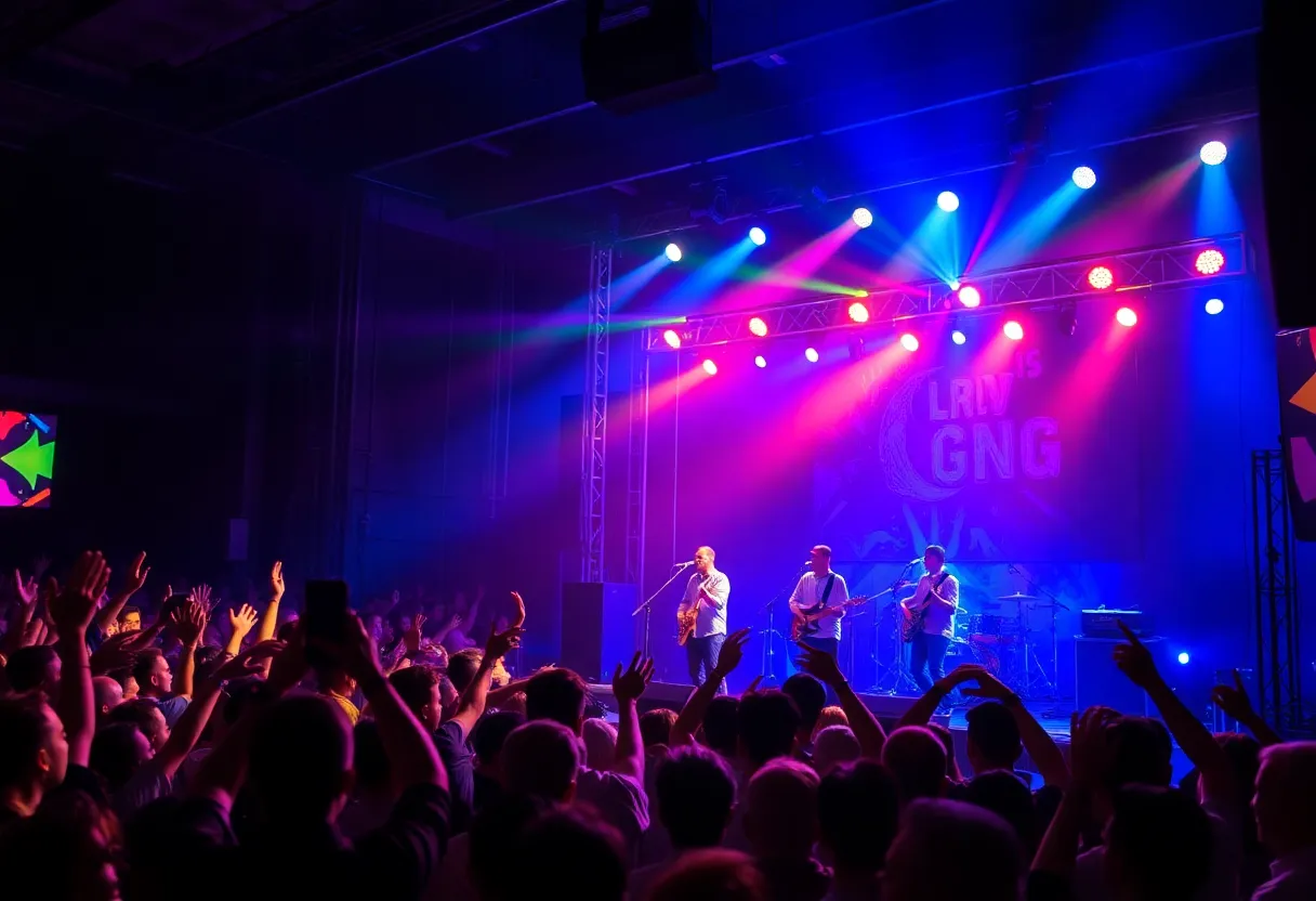 An energetic band performing on stage at a concert in Tampa