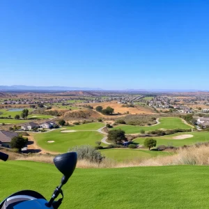 A scenic view of Carlsbad featuring golf courses and manufacturing facilities.