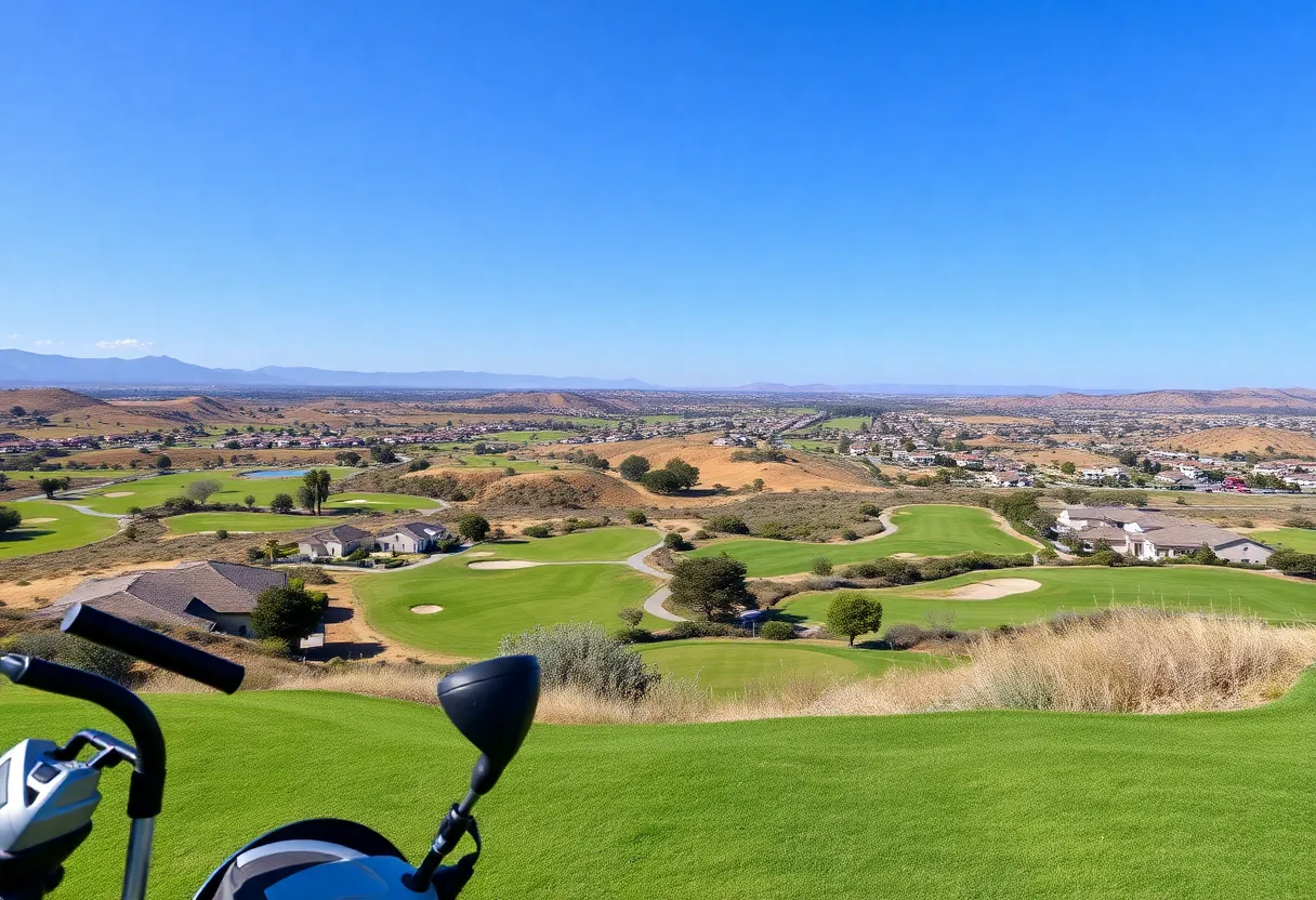 A scenic view of Carlsbad featuring golf courses and manufacturing facilities.