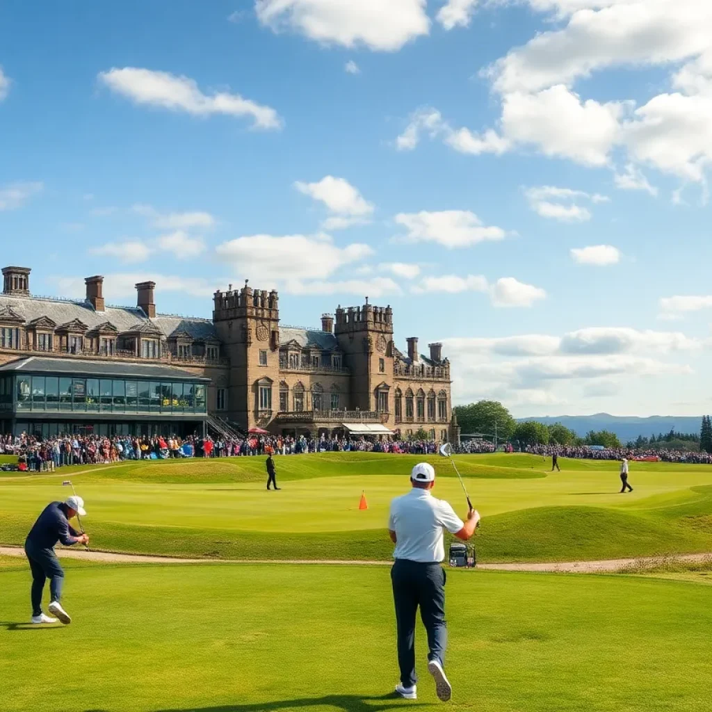 Historic golf course in Scotland with golfers playing.