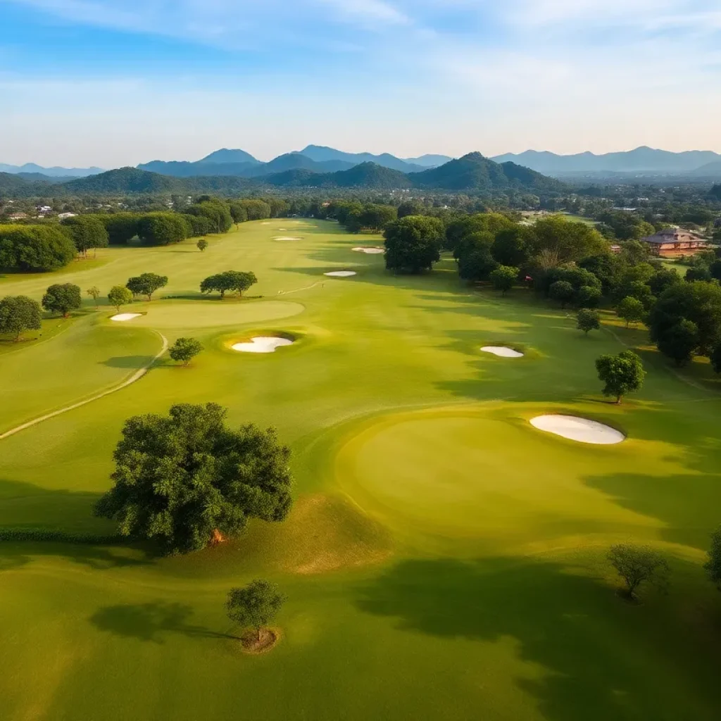 Golfers playing on a lush green golf course in Central Vietnam