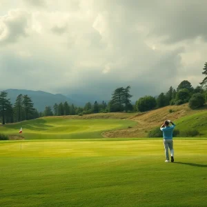 A scenic view of a challenging golf course with players in action.