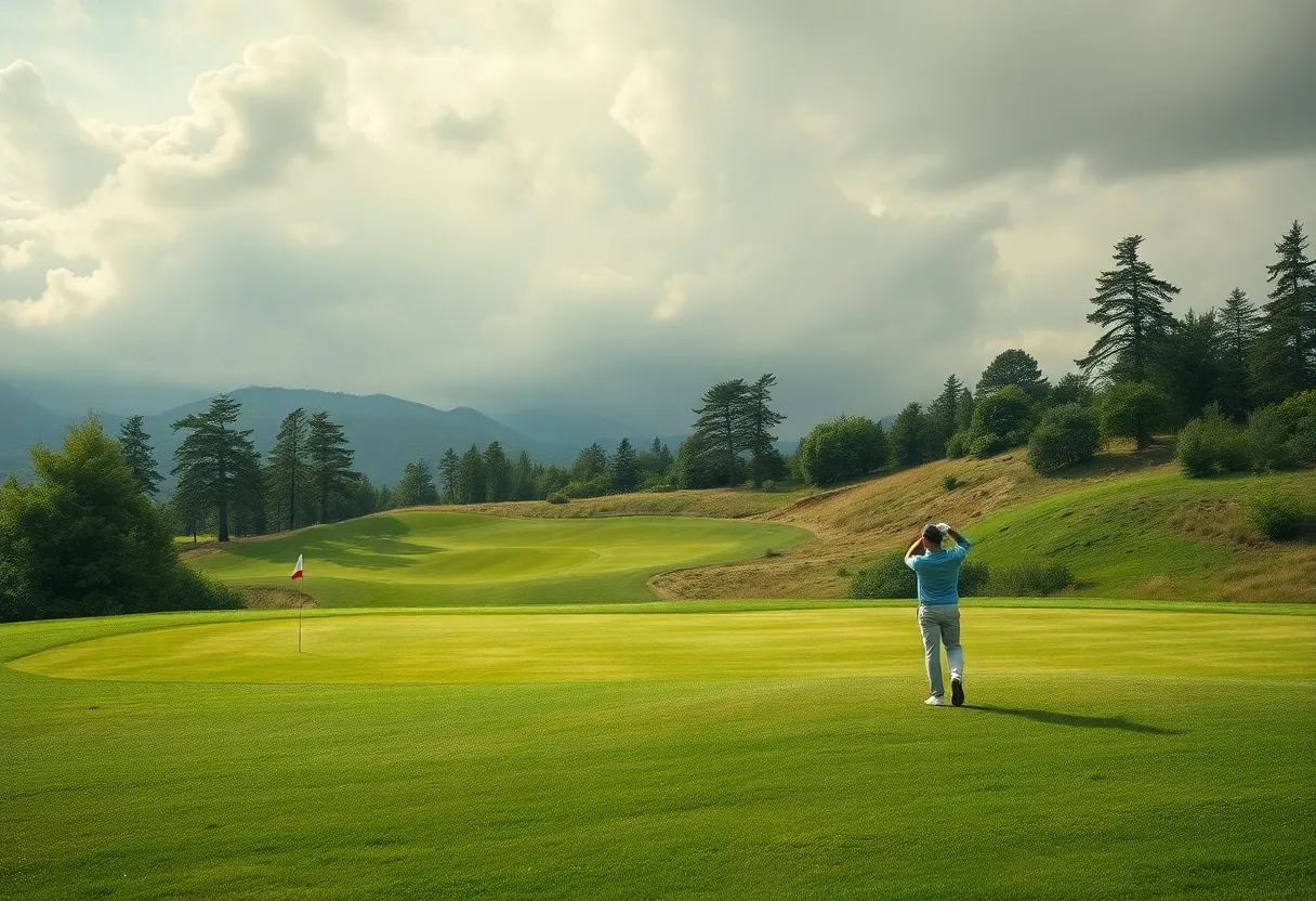 A scenic view of a challenging golf course with players in action.