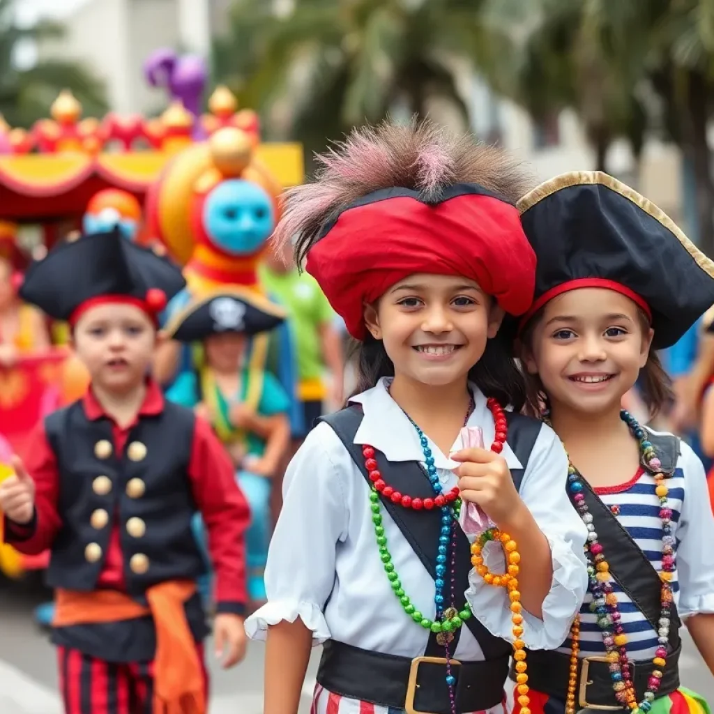 Scene from the Children's Gasparilla Parade with festive floats and kids in pirate costumes