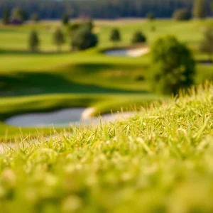 A close-up view of a beautiful golf course featuring green fairways and oak trees.