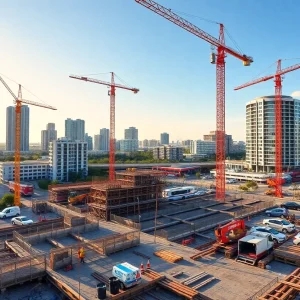 Construction site in Tampa Bay with cranes and workers