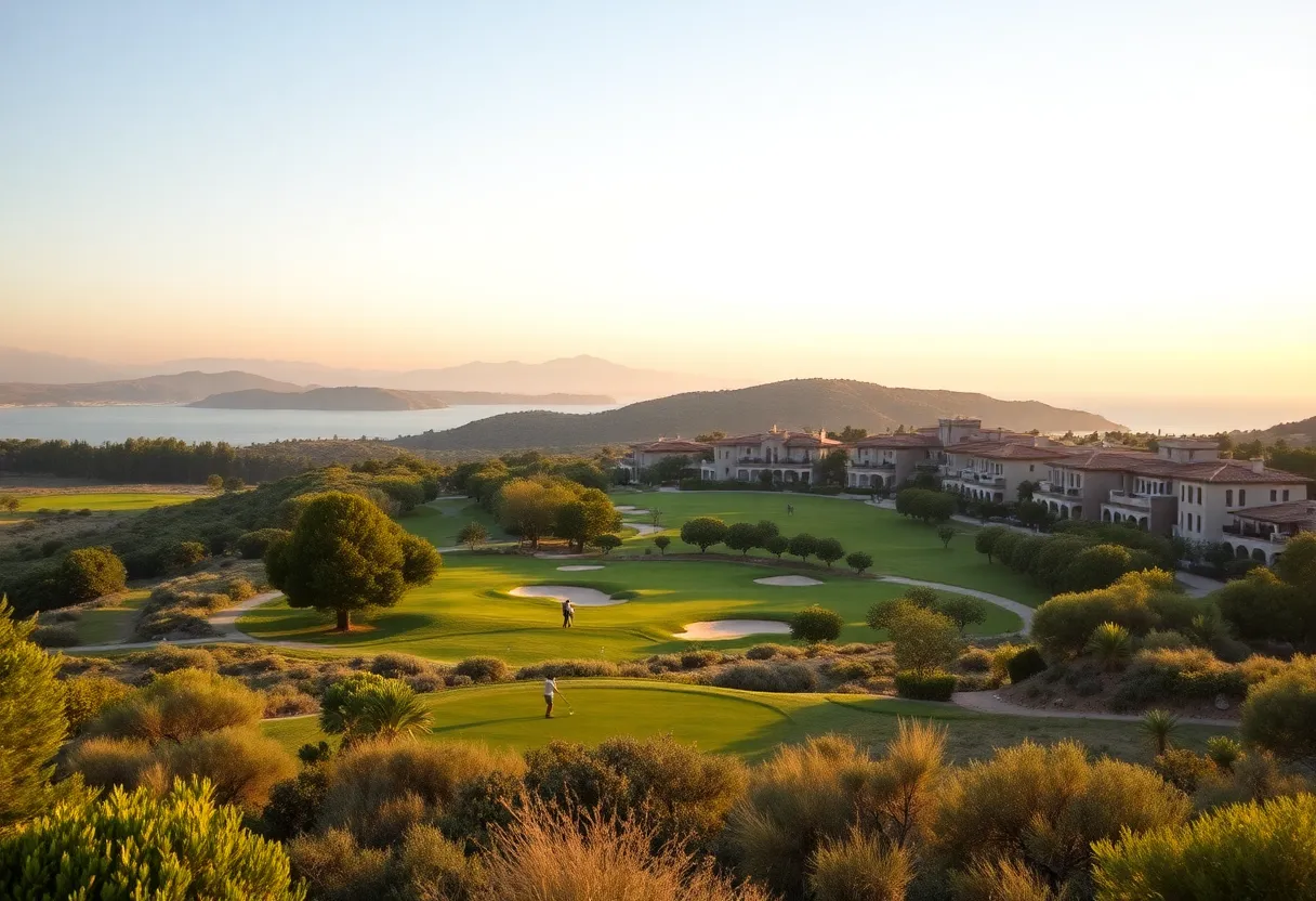 Scenic view of Costa Navarino golf course with Mediterranean landscape