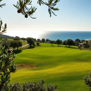 Golfers playing on a beautiful golf course in Costa Navarino