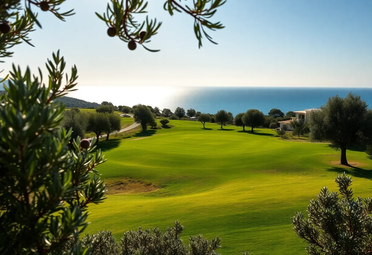 Golfers playing on a beautiful golf course in Costa Navarino