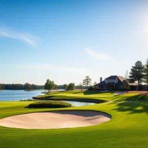 Redesigned Crown Colony Golf Club with a view of the golf course and lake