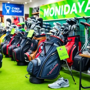 An array of golf equipment displayed on a golf course