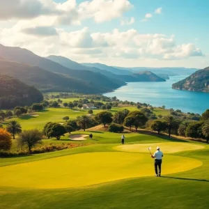 Golfers competing in a DP World Tour event on a beautiful golf course.