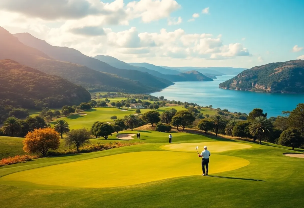 Golfers competing in a DP World Tour event on a beautiful golf course.