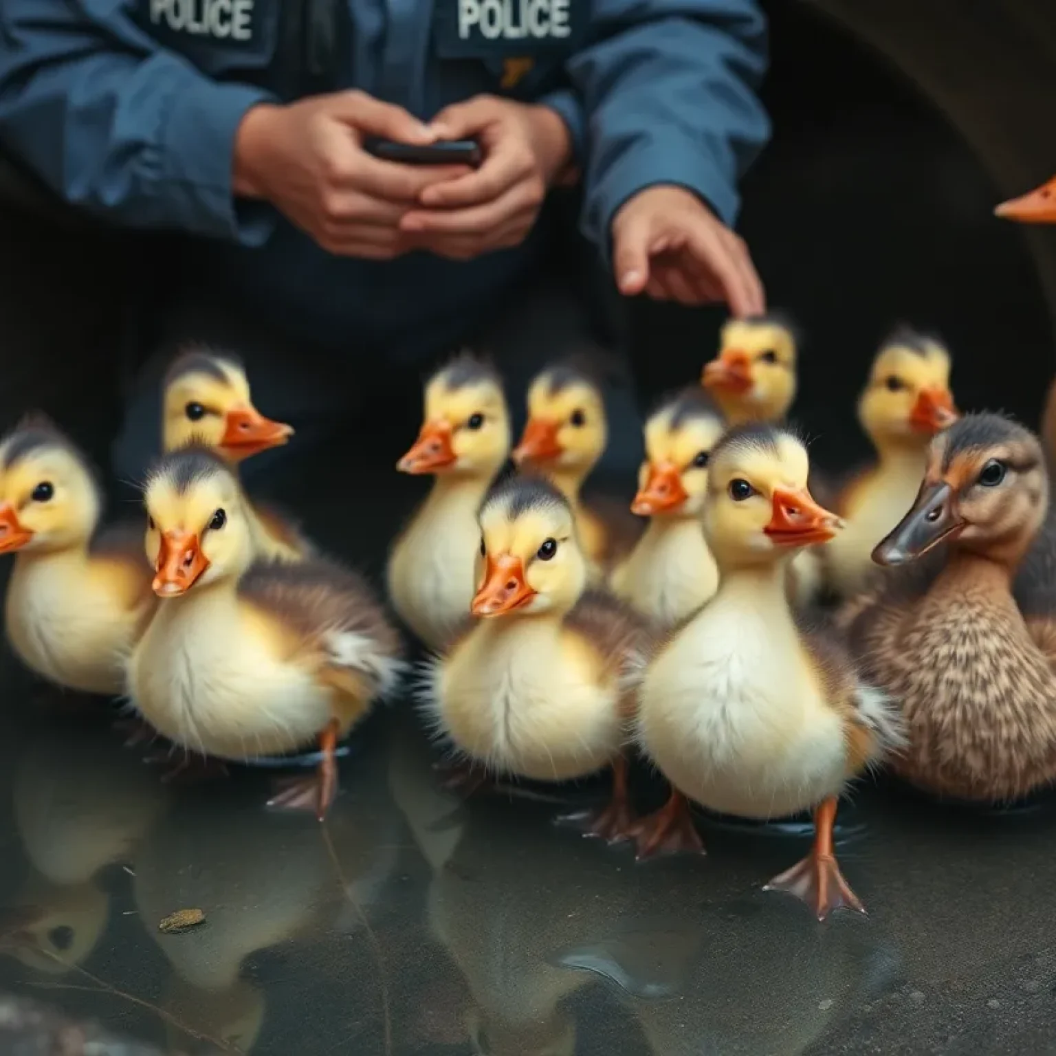 Police deputies rescuing ducklings from a sewer