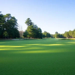 Female golfers practicing on a sunny golf course