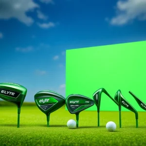 A display of the new 2025 Elyte Golf Clubs on a golf course.