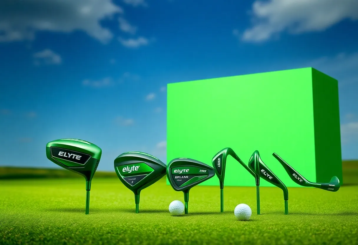 A display of the new 2025 Elyte Golf Clubs on a golf course.