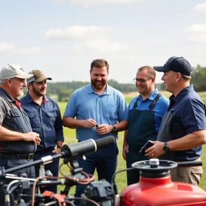 Technicians maintaining golf course equipment