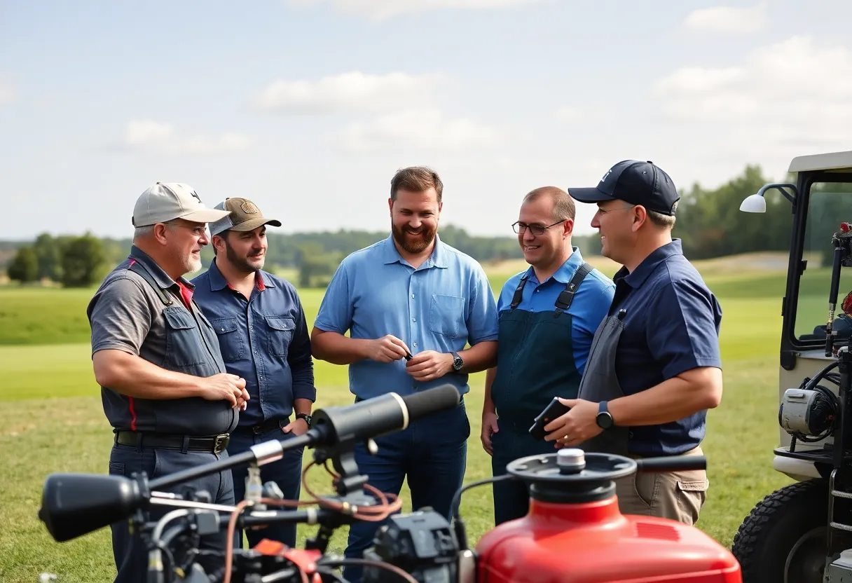 Technicians maintaining golf course equipment