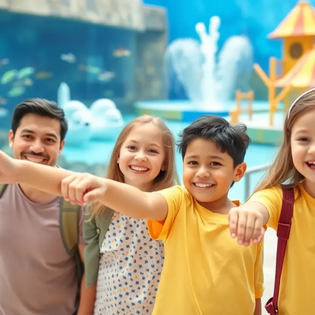 Family with children at SeaWorld enjoying marine life attractions