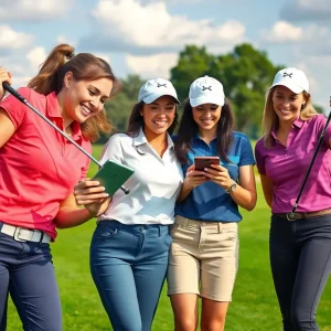 Female golfers interacting with fans on a sunny golf course