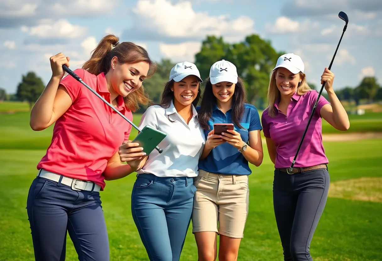 Female golfers interacting with fans on a sunny golf course