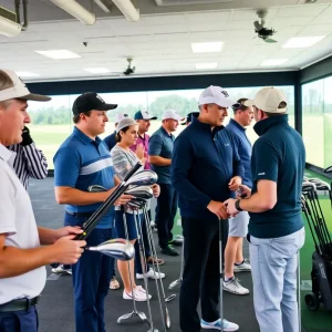 Golfers getting fitted in an indoor golf fitting center with advanced technology